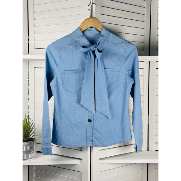 Unbranded Tops - Western Button Up Shirt Womens M Blue Denim Tie Neck Bow Long Sleeve Top